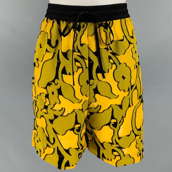 PRABAL GURUNG Size M Yellow Black Floral Athletic Drawstring Shorts - Picture 1 of 3
